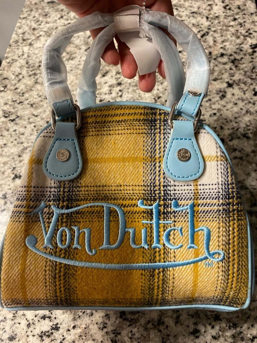 Von Dutch Plaid Mini Bowling Bag Yellow Blue
